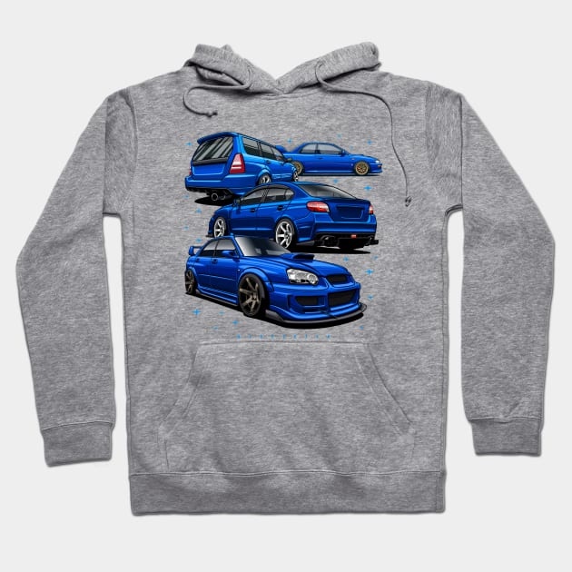 Gray hoodie with blue car illustrations, featuring sporty design. Ideal for car enthusiasts. Cotton blend material.
