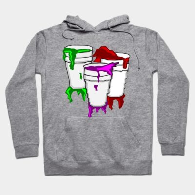 Gray hoodie with colorful graphic of dripping cups, casual style, cotton blend, perfect for everyday wear.