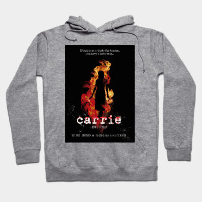 Gray hoodie featuring "Carrie" horror movie poster design, cozy cotton material, perfect for casual wear and film fans.