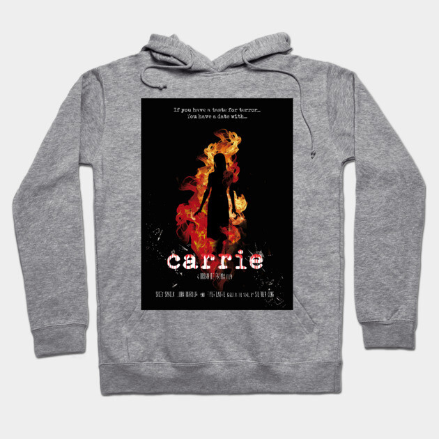 Gray hoodie featuring "Carrie" horror movie poster design, cozy cotton material, perfect for casual wear and film fans.