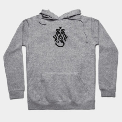 Gray cotton hoodie with black ornate letter design, featuring a front pocket and adjustable drawstring hood, casual wear.