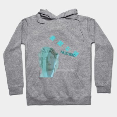Gray hoodie with abstract blue graphic design, featuring text and statue image. Casual wear, soft cotton material.