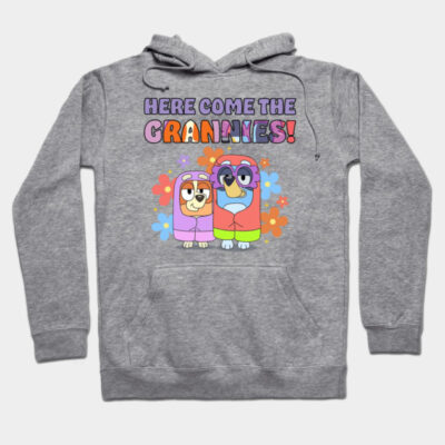 Gray hoodie with colorful cartoon design, "Here Come the Grannies" text, casual and cozy style for kids and adults.