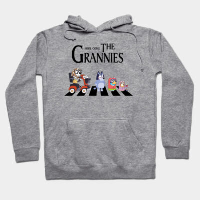 Gray hoodie with "Here Come The Grannies" print, featuring cartoon characters, casual style, cotton blend material.