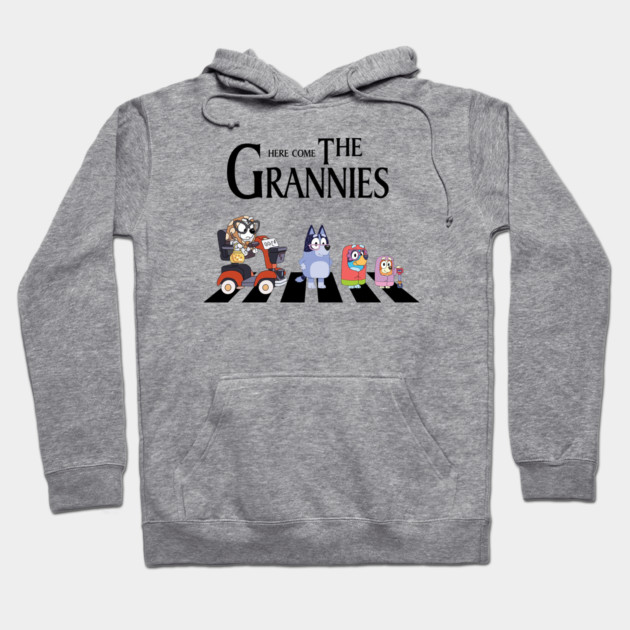 Gray hoodie with "Here Come The Grannies" print, featuring cartoon characters, casual style, cotton blend material.