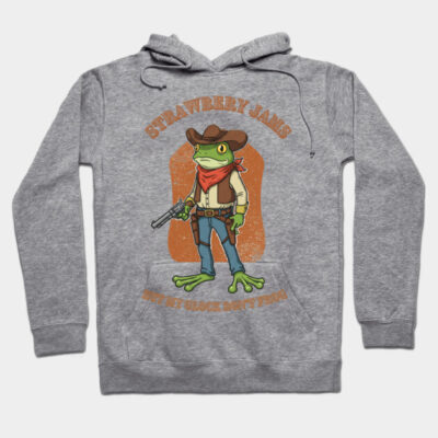 Gray unisex hoodie with cartoon frog cowboy design, featuring text "Strawberry Jams." Casual, soft cotton blend.