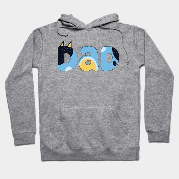 Gray hoodie with playful "Dad" design, perfect for casual wear, cotton blend material, unisex style.