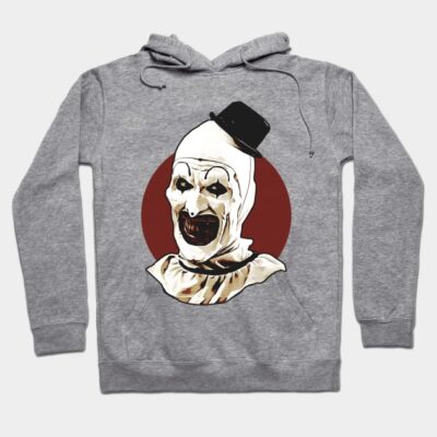 Gray hoodie with spooky clown graphic, featuring a hat. Ideal for casual wear and made of soft, comfortable material.