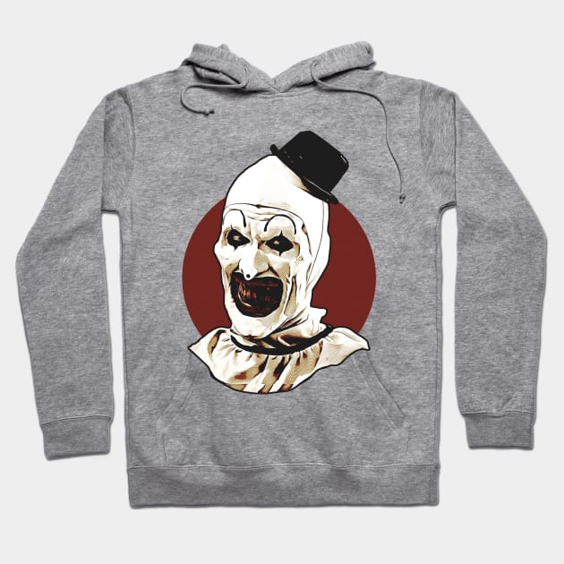 Gray hoodie with spooky clown graphic, featuring a hat. Ideal for casual wear and made of soft, comfortable material.