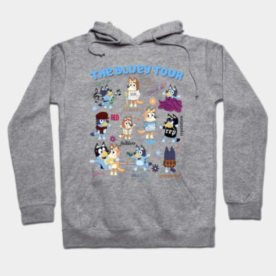 Gray hoodie featuring colorful cartoon characters and "The Bluey Tour" text, perfect for casual wear or gifting.