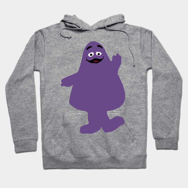 Gray hoodie with purple cartoon character print, cozy cotton material, casual style, perfect for everyday wear.