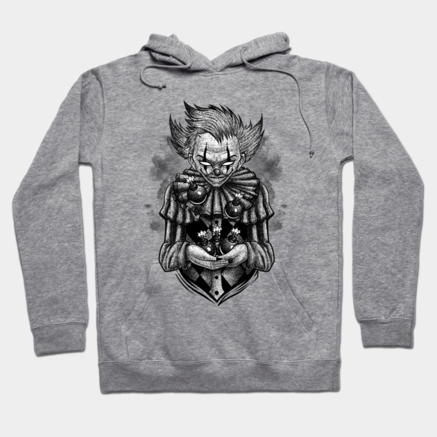 Gray cotton hoodie with a creepy clown illustration, perfect for casual wear or Halloween-themed outfits.