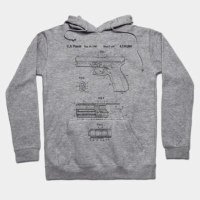 Grey hoodie with vintage gun patent design, soft cotton material, casual style for everyday wear.