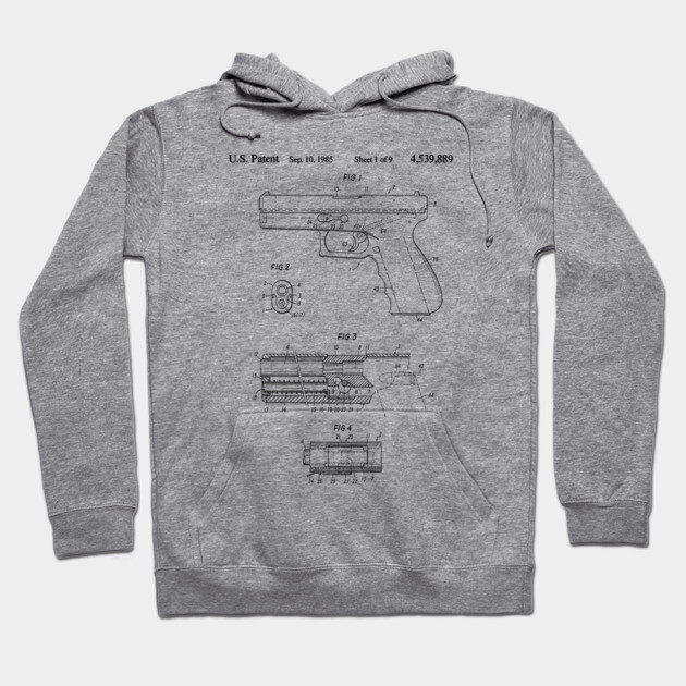 Grey hoodie with vintage gun patent design, soft cotton material, casual style for everyday wear.