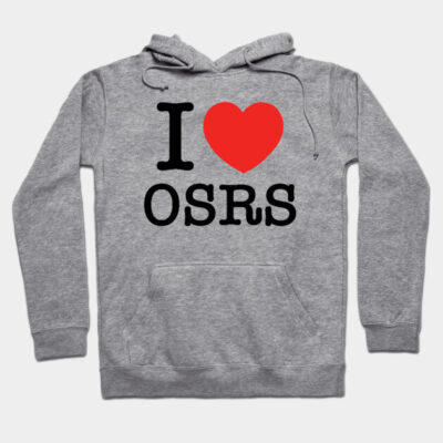 Gray hoodie with "I Love OSRS" design, featuring red heart graphic. Ideal for gaming fans, casual cotton blend style.