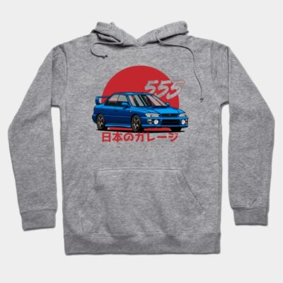 Gray hoodie with blue car graphic and red circle design, Japanese text. Casual wear, soft cotton blend, unisex style.