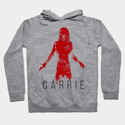 Gray hoodie with red graphic silhouette and "Carrie" text, casual style, perfect for everyday wear.