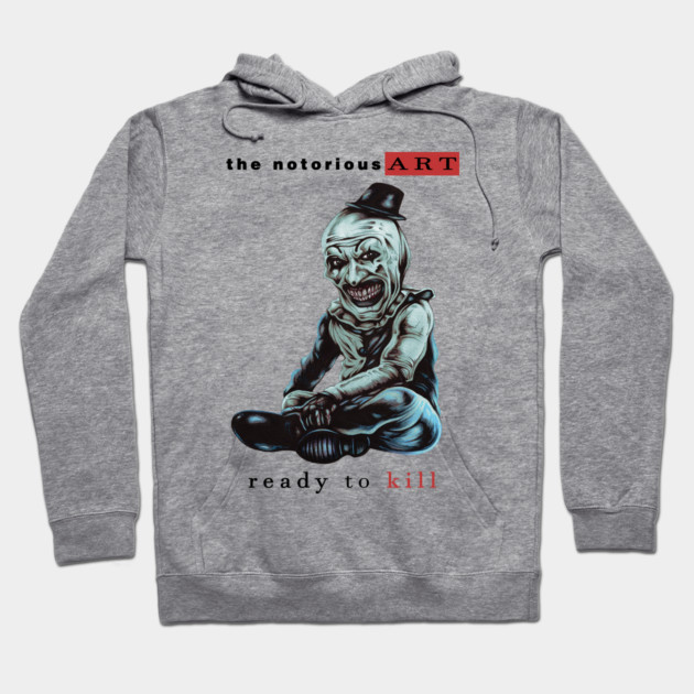 Gray hoodie with edgy art design, featuring "The Notorious Art" text. Comfortable cotton blend, casual wear.