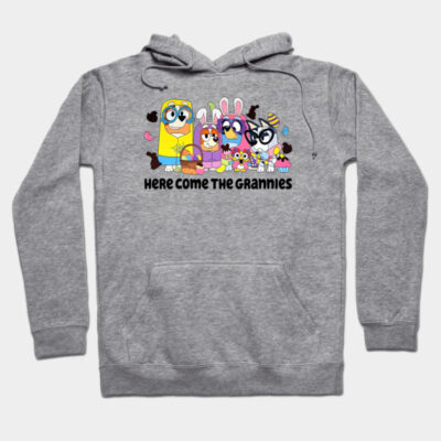 Gray hoodie with colorful cartoon characters and "Here Come The Grannies" text, casual wear, soft cotton blend.