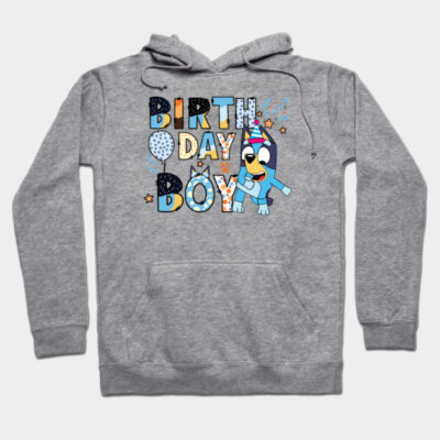 Gray hoodie with "Birthday Boy" graphic and playful cartoon design, perfect for celebrations and casual wear.