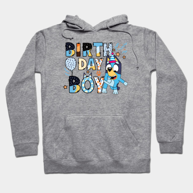 Gray hoodie with "Birthday Boy" graphic and playful cartoon design, perfect for celebrations and casual wear.