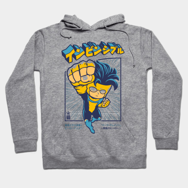 Gray hoodie with colorful comic-style superhero print, perfect for casual wear, made from soft cotton blend.