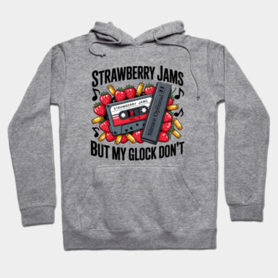 Gray hoodie with cassette and strawberry graphic, "Strawberry Jams" text. Casual style, warm material, unisex design.