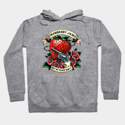 Gray hoodie with strawberry, gun, and rose graphic design, casual style, cotton material, unisex fit.