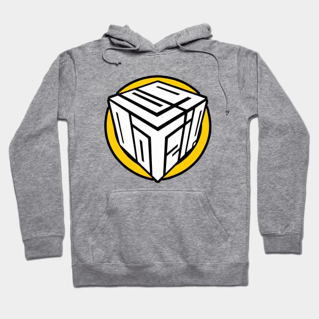 Gray hoodie with geometric logo design, featuring a drawstring hood and front pocket, perfect for casual wear.