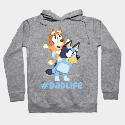 Gray hoodie with cartoon graphic and "#DadLife" text, cozy cotton blend, perfect for casual wear and gifting.