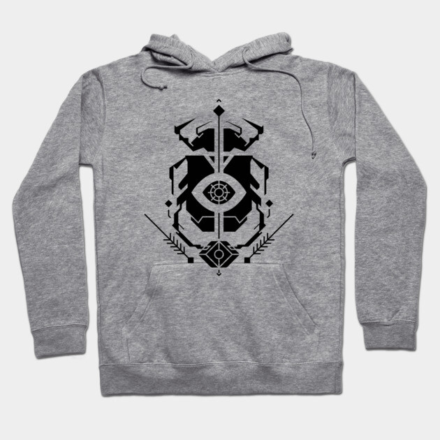 Gray cotton hoodie with black abstract eye design, front pocket, adjustable drawstrings, casual wear.
