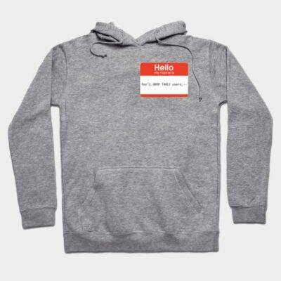 Gray hoodie with "Hello My Name Is" badge design, front pocket, drawstring hood, casual wear, cotton blend material.