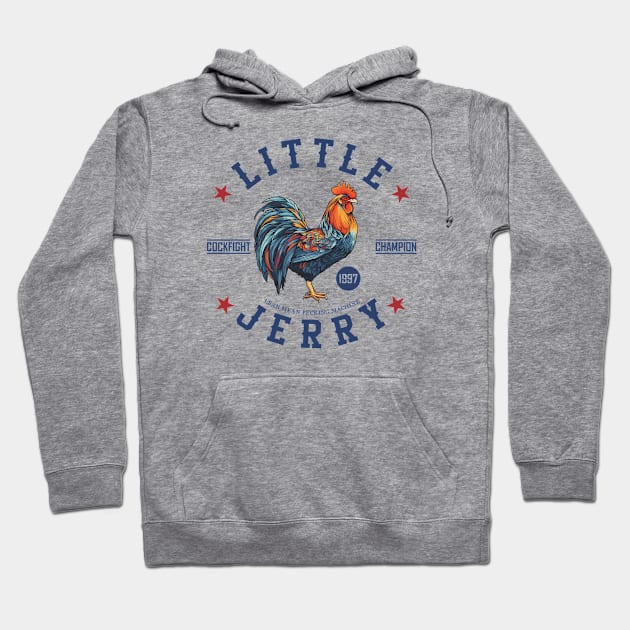 Gray hoodie with colorful rooster print, text design, and drawstring hood. Casual style, cotton blend, unisex.
