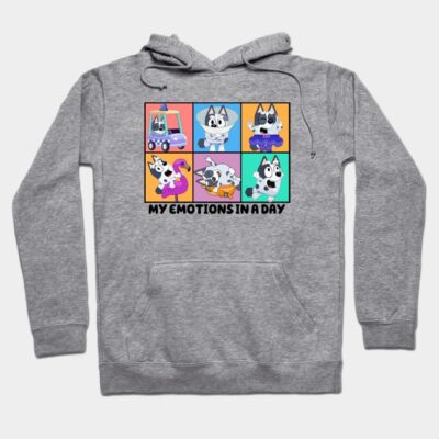 Gray hoodie with colorful cartoon characters and "My Emotions in a Day" text, casual style, soft material.