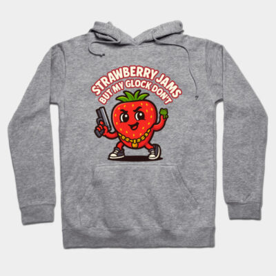 Gray hoodie with playful strawberry cartoon and humorous text, perfect for casual wear, made of soft cotton blend.