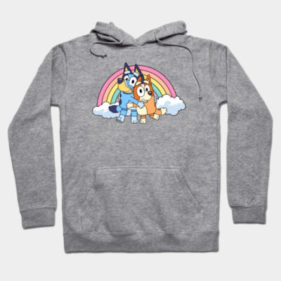 Gray hoodie with cartoon dogs, rainbow design. Soft cotton material, casual wear, perfect for fans and everyday comfort.