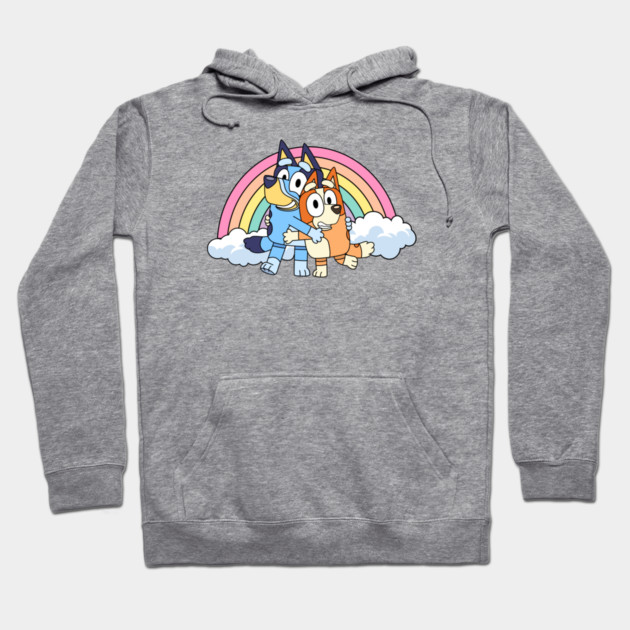 Gray hoodie with cartoon dogs, rainbow design. Soft cotton material, casual wear, perfect for fans and everyday comfort.