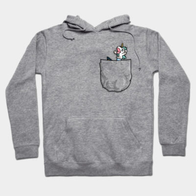 Gray hoodie with illustrated unicorn in pocket, casual style, cotton blend, ideal for everyday wear.