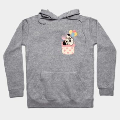 Gray cotton hoodie with playful cartoon design on chest, featuring colorful balloons and polka dot pocket style.