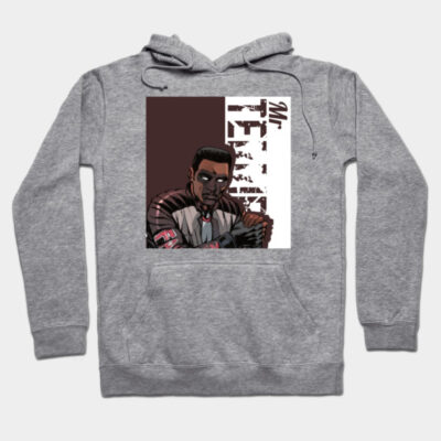 Gray hoodie with graphic print, featuring a bold design. Comfortable cotton blend, ideal for casual wear.
