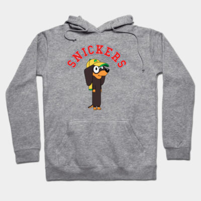 Gray hoodie with cartoon dachshund in cap, "SNICKERS" text, casual style, soft cotton blend, unisex design.