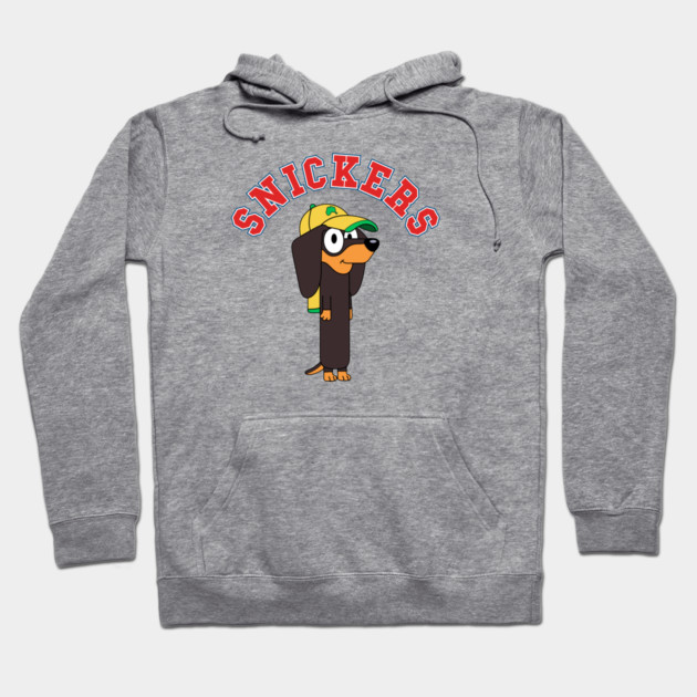 Gray hoodie with cartoon dachshund in cap, "SNICKERS" text, casual style, soft cotton blend, unisex design.