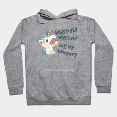 Gray hoodie with playful unicorn design and "Whiplash! Whiplash! Call my Lawyer!" text, casual wear.