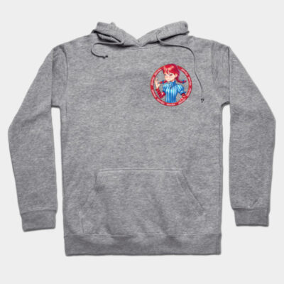 Gray hoodie with anime design, featuring red and blue graphics. Comfortable cotton blend, casual style for everyday wear.