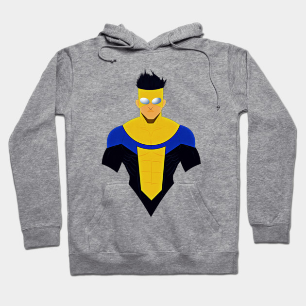Gray hoodie with superhero graphic, featuring bold yellow and blue colors, cotton material, casual style.