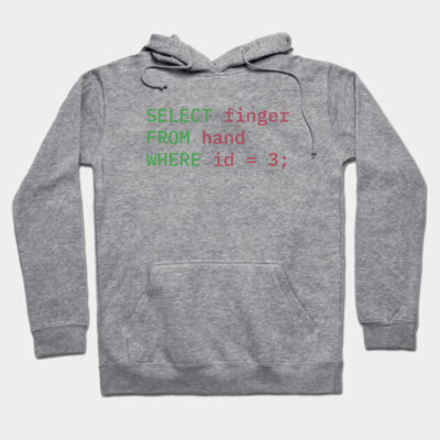 Gray hoodie with humorous SQL code print, made from soft cotton, ideal for casual wear or tech enthusiasts.
