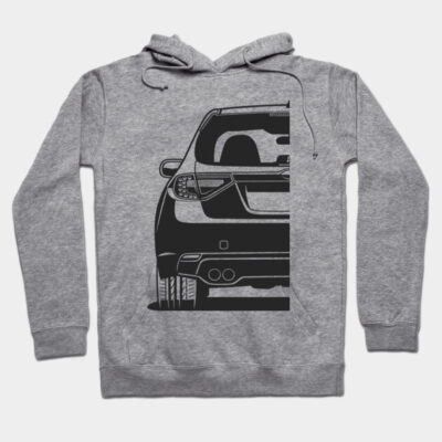 Gray hoodie with black car graphic, featuring rear view design, made of cotton blend, ideal for casual wear.