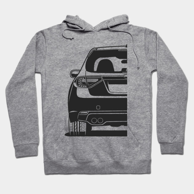 Gray hoodie with black car graphic, featuring rear view design, made of cotton blend, ideal for casual wear.