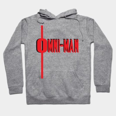 Gray hoodie with "Omni-Man" logo in red, featuring a casual style, ideal for everyday wear. Cotton blend material.