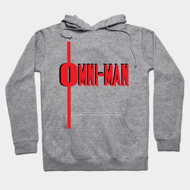 Gray hoodie with "Omni-Man" logo in red, featuring a casual style, ideal for everyday wear. Cotton blend material.